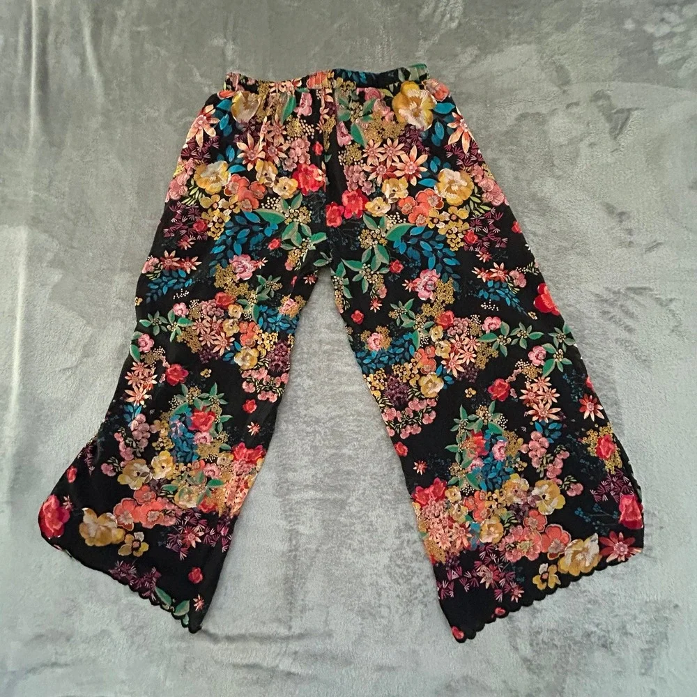 Johnny Was Womens L Floral Wide Leg Pants Open Side Scalloped Hem Boho - Picture 6 of 12
